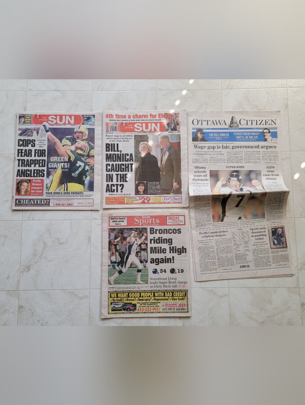 Four Superbowl Newspapers 1997, 1998 & 1999 & Monica Lewinsky